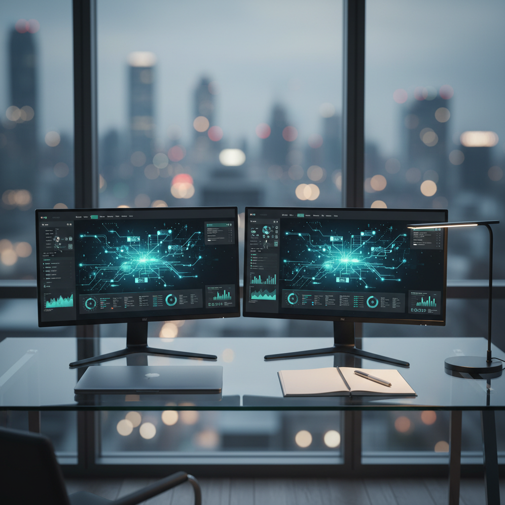 A minimalist glass-topped desk supporting two ultra-thin black monitors displaying abstract network diagrams and dashboards, accompanied by a closed, matte-silver laptop and a neatly arranged notepad with a sleek pen. The desk sits in front of a large floor-to-ceiling window revealing a softly blurred city skyline at dusk. Cool, diffused natural light mixes with subtle warm desk lamp illumination, creating balanced, professional contrast. Shot from a slightly elevated angle with shallow depth of field, the monitors are in crisp focus while the city lights form gentle bokeh. Photographic realism with a clean, contemporary corporate feel, suggesting organized, personalized IT solutions and strategic consulting.